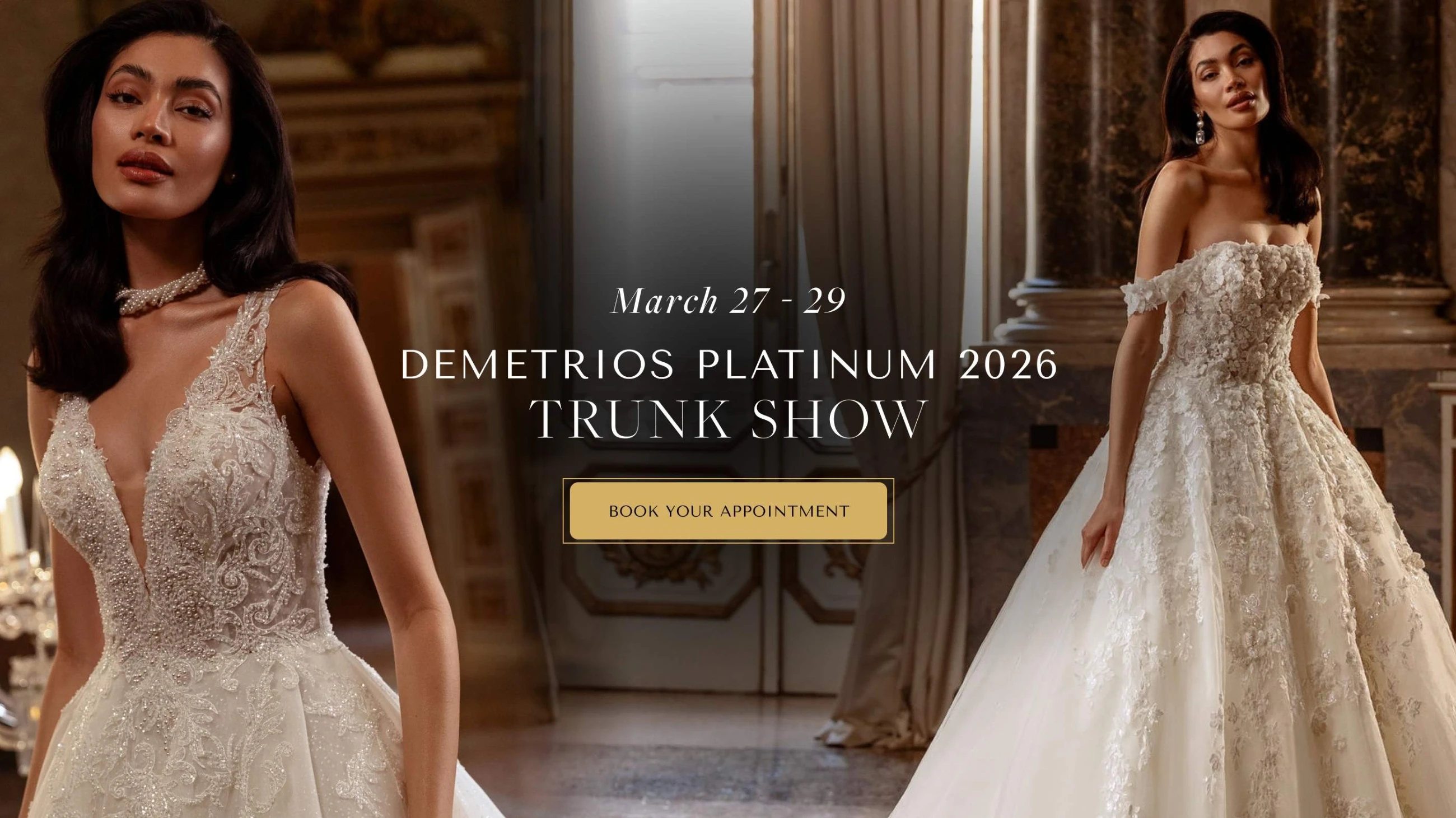 Models wearing Demetrios bridal dresses, trunk show desktop banner