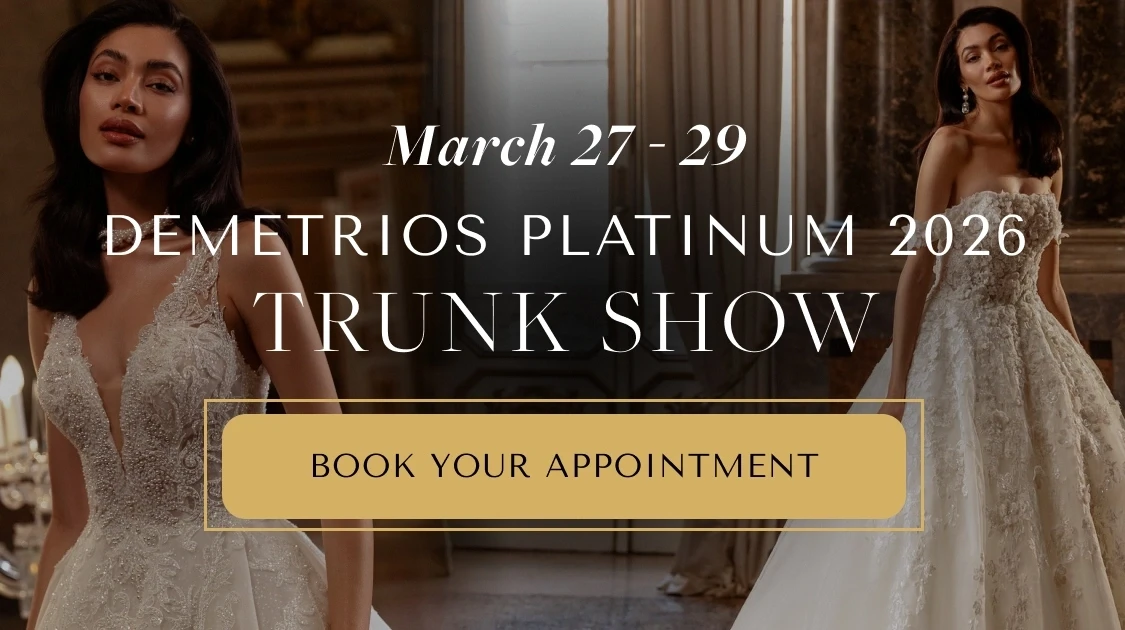 Models wearing Demetrios bridal dresses, trunk show mobile banner