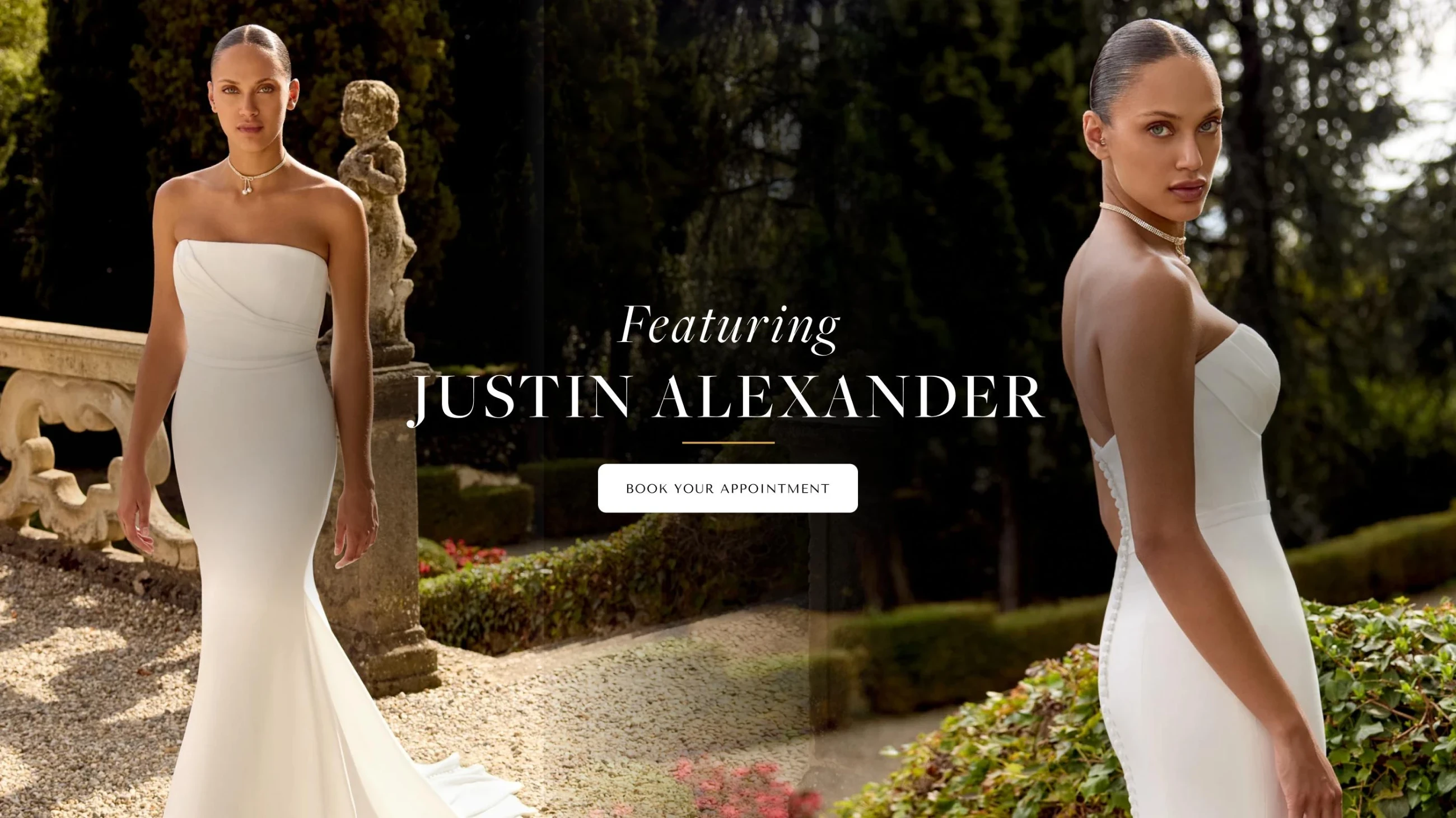 Model wearing Justin Alexander bridal dress, desktop banner