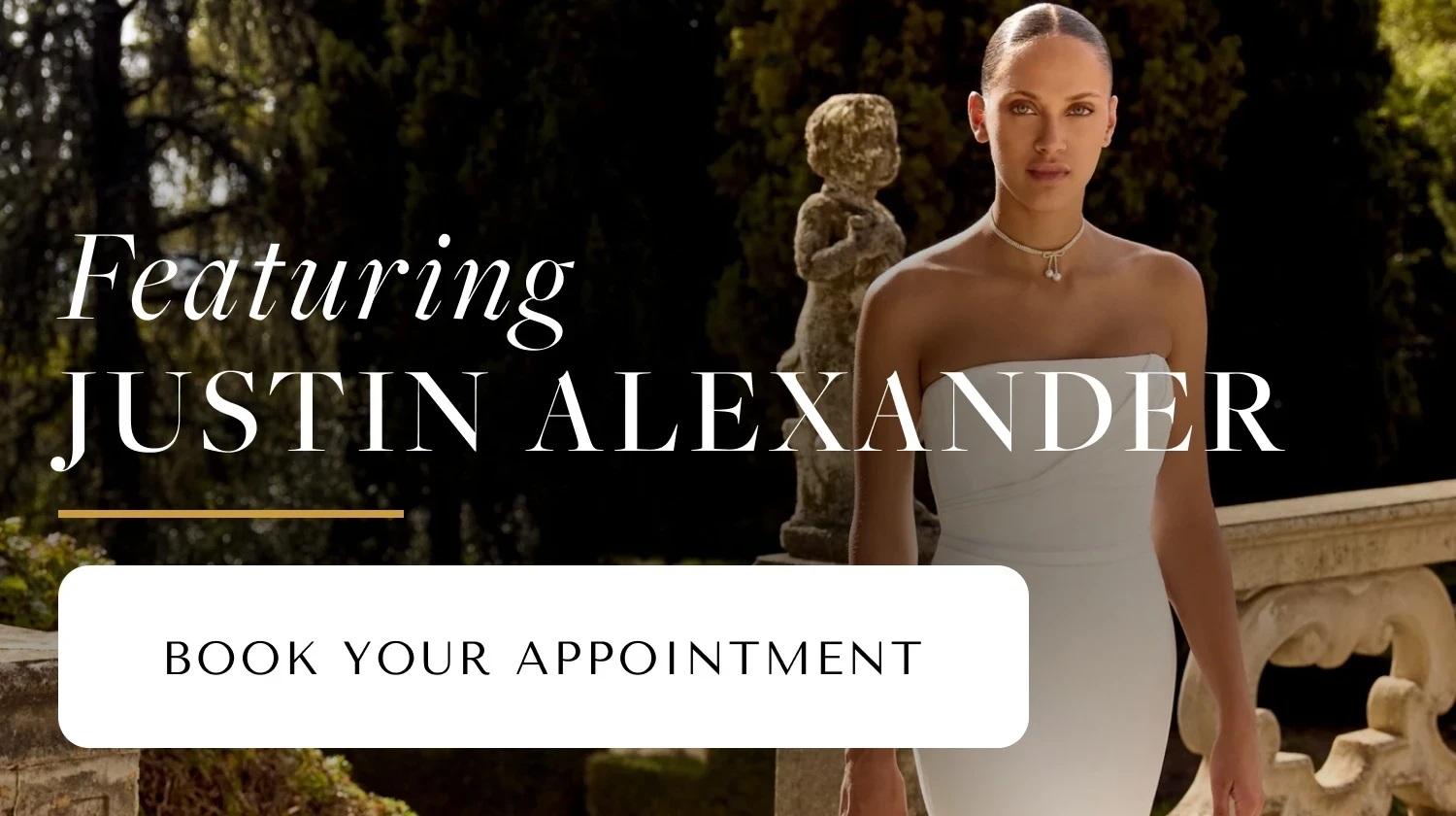 Model wearing Justin Alexander bridal dress, mobile banner