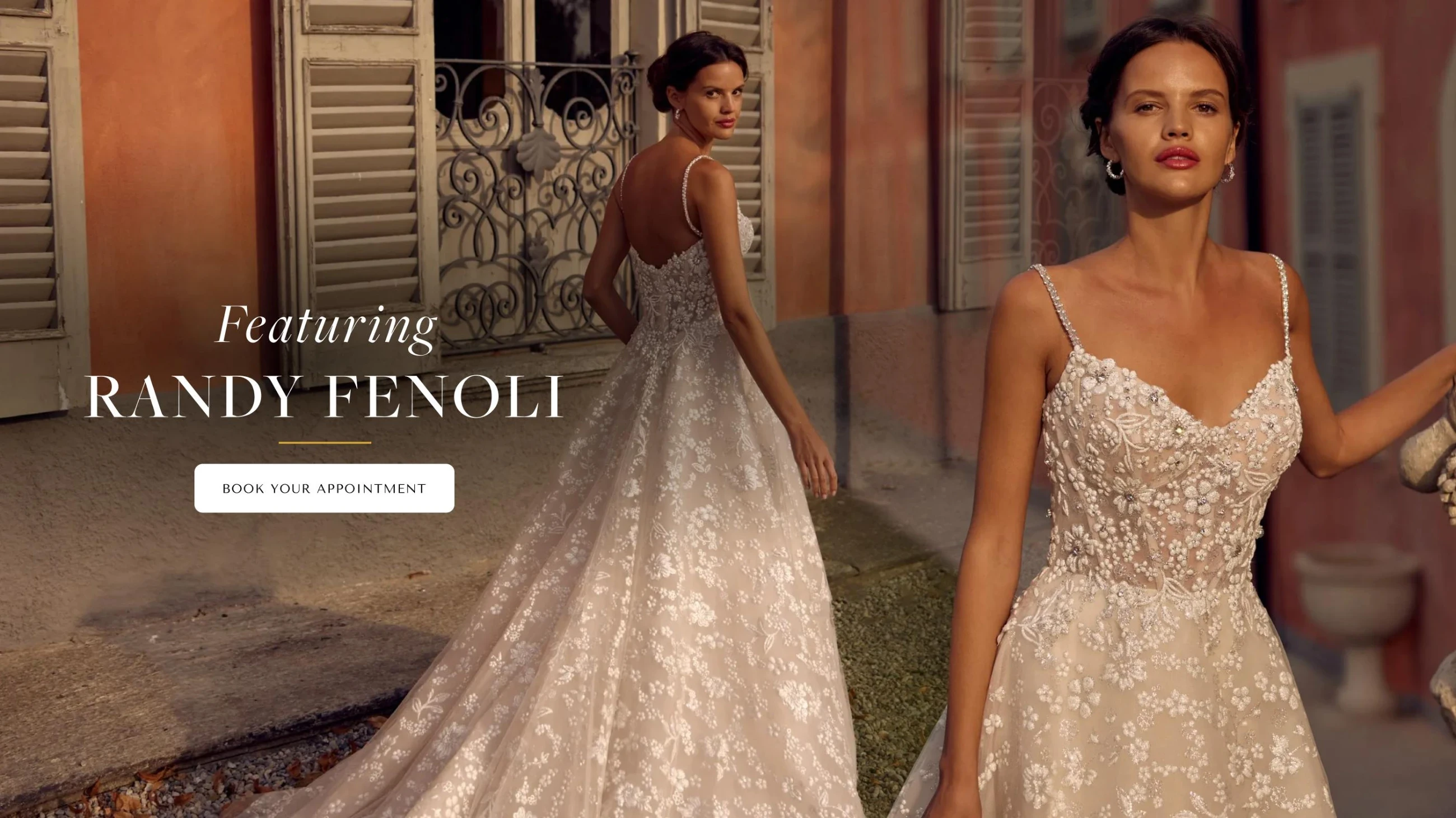 Model wearing Randy Fenoli bridal gown, desktop banner