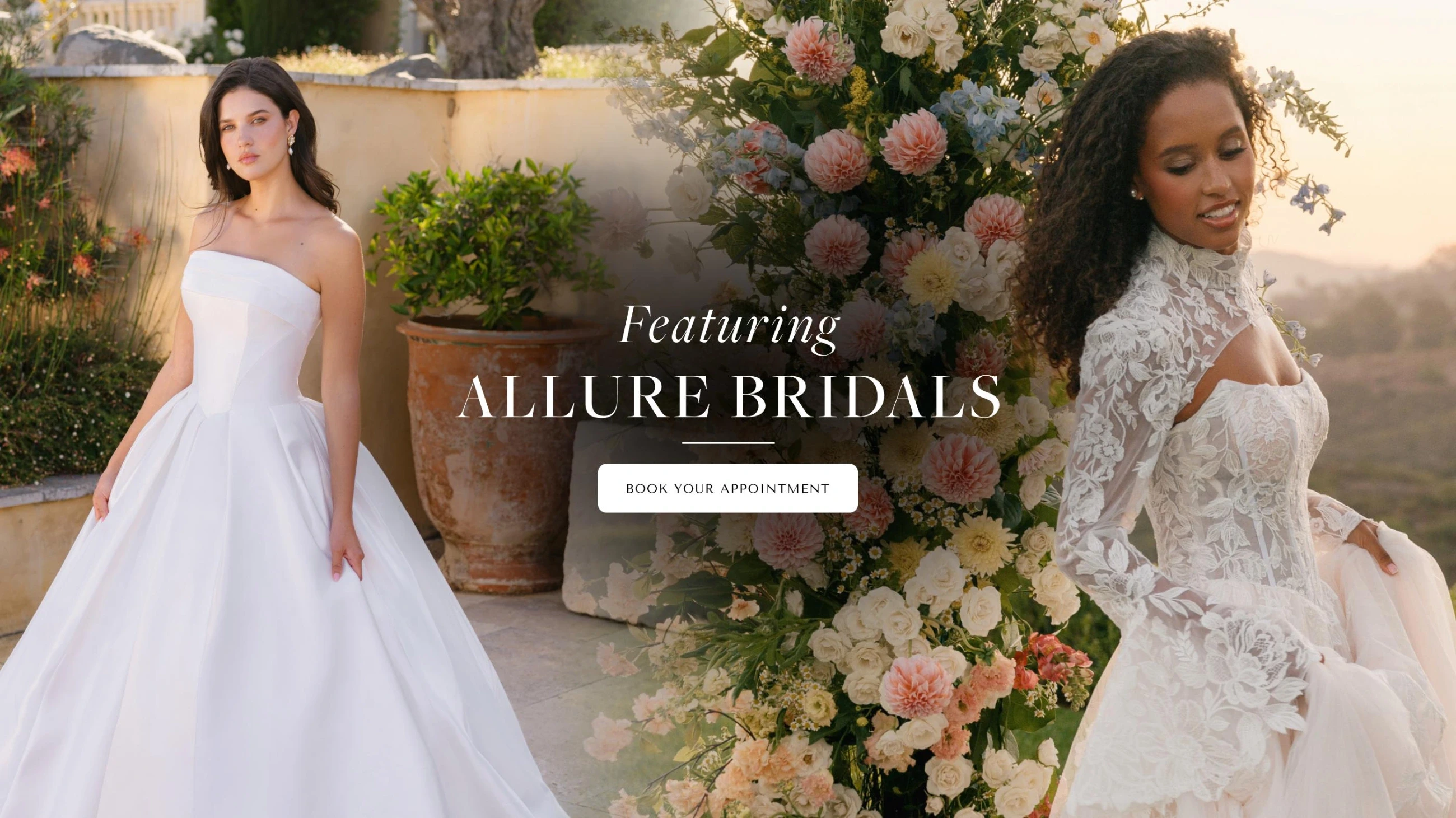 Models wearing Allure Bridals gowns, desktop banner