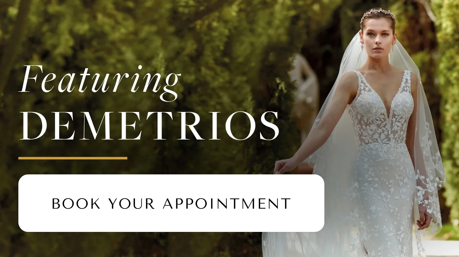 Models wearing Demetrios bridal gowns, mobile banner