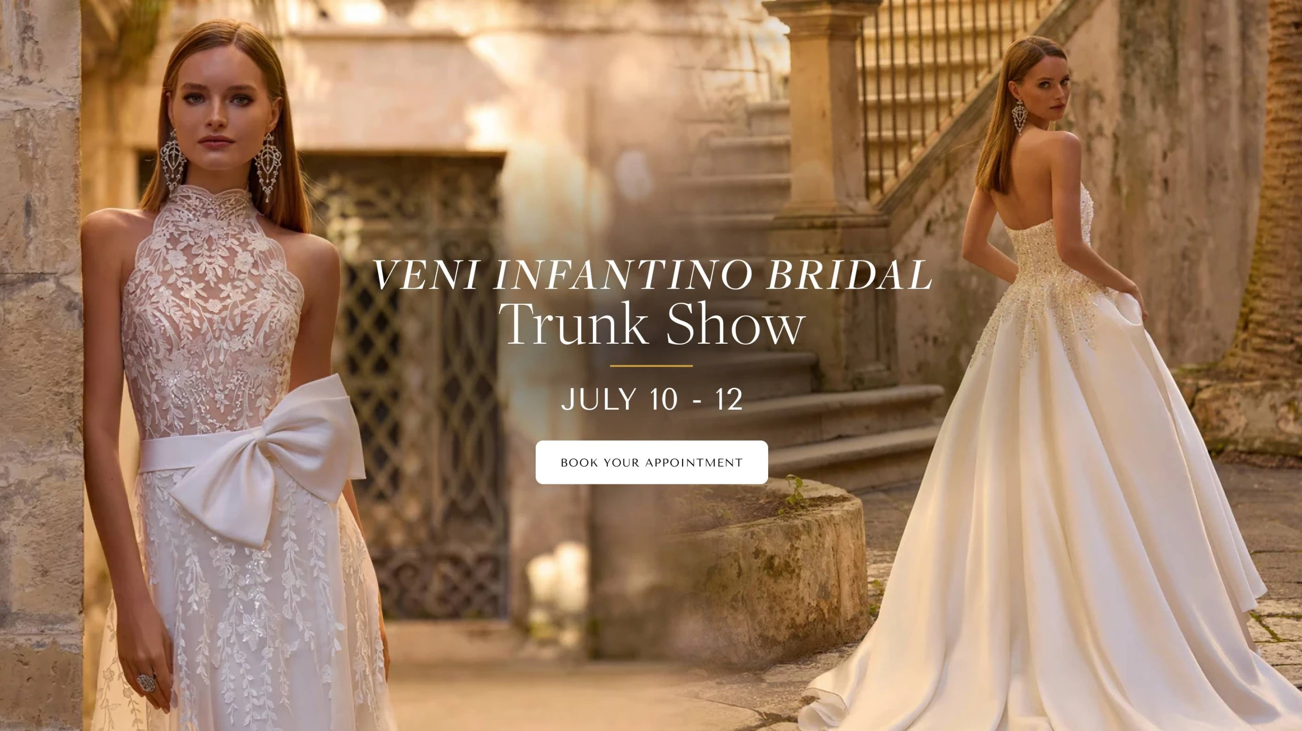 Models wearing Veni Infantino Bridal dresses, desktop banner