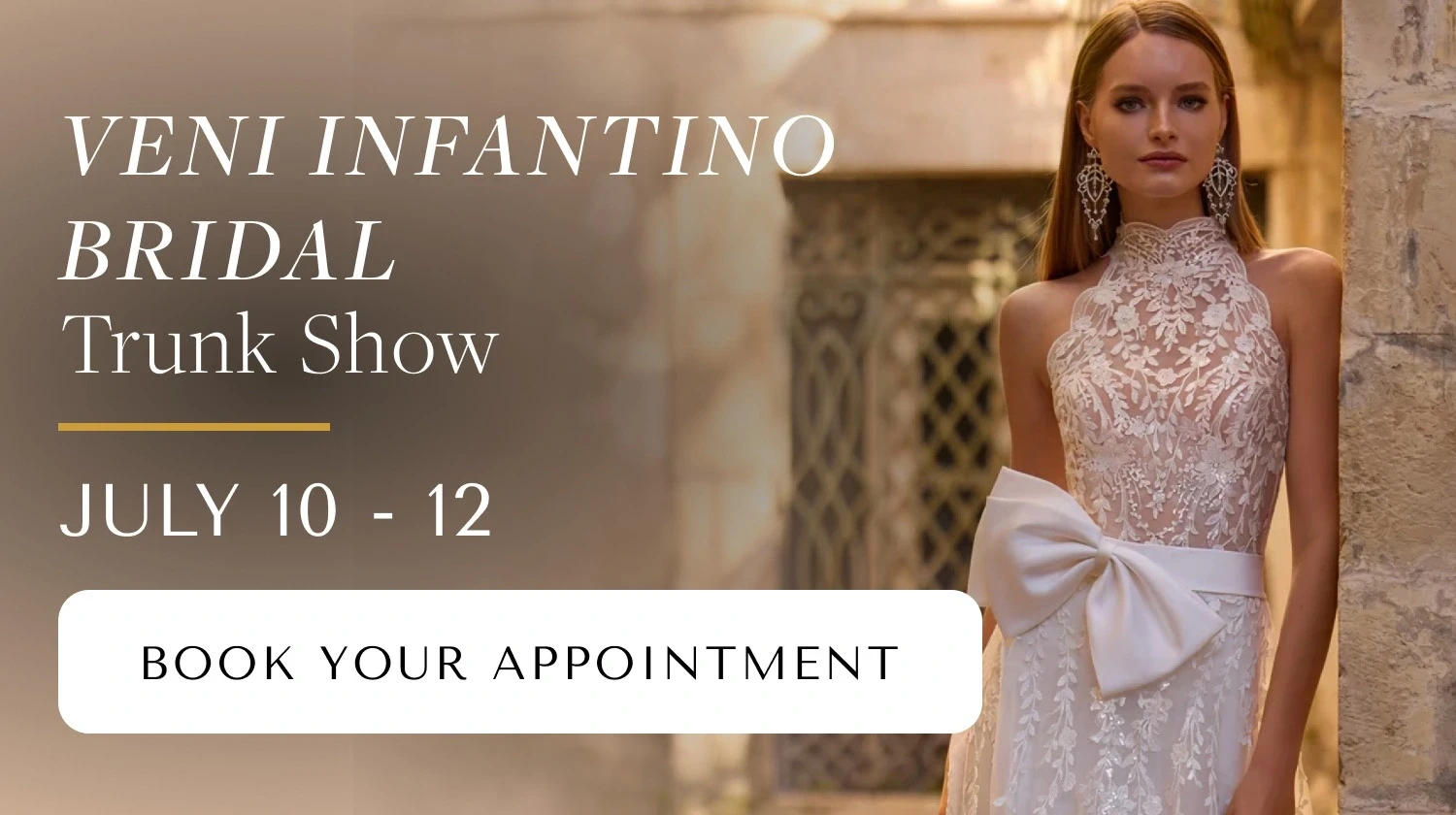 Model wearing Veni Infantino Bridal dress, mobile banner