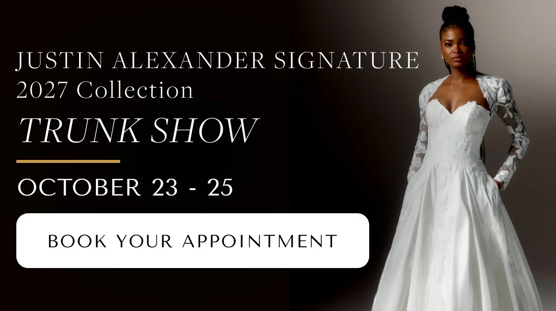 Model wearing Justin Alexander Signature bridal dress, Trunk Show mobile banner